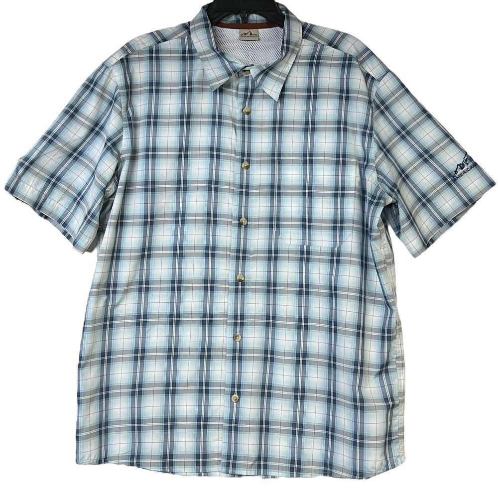 American Outback Button Down‎ Windowpane Short Sleeves Shirt Mesh Blue White